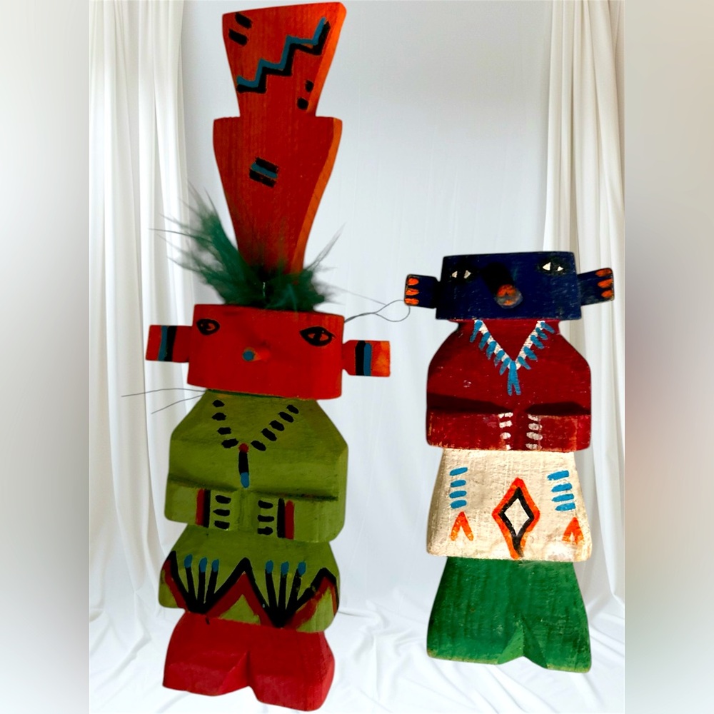 Hand-Carved Route 66 Hopi Kachina Doll VTG Fur &Hand-Painted 2 statues 7’ & 4.5’